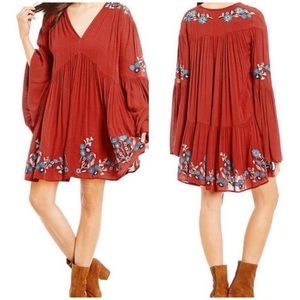 Free People Rust Red Mini Dress with Blue Floral Embroidery